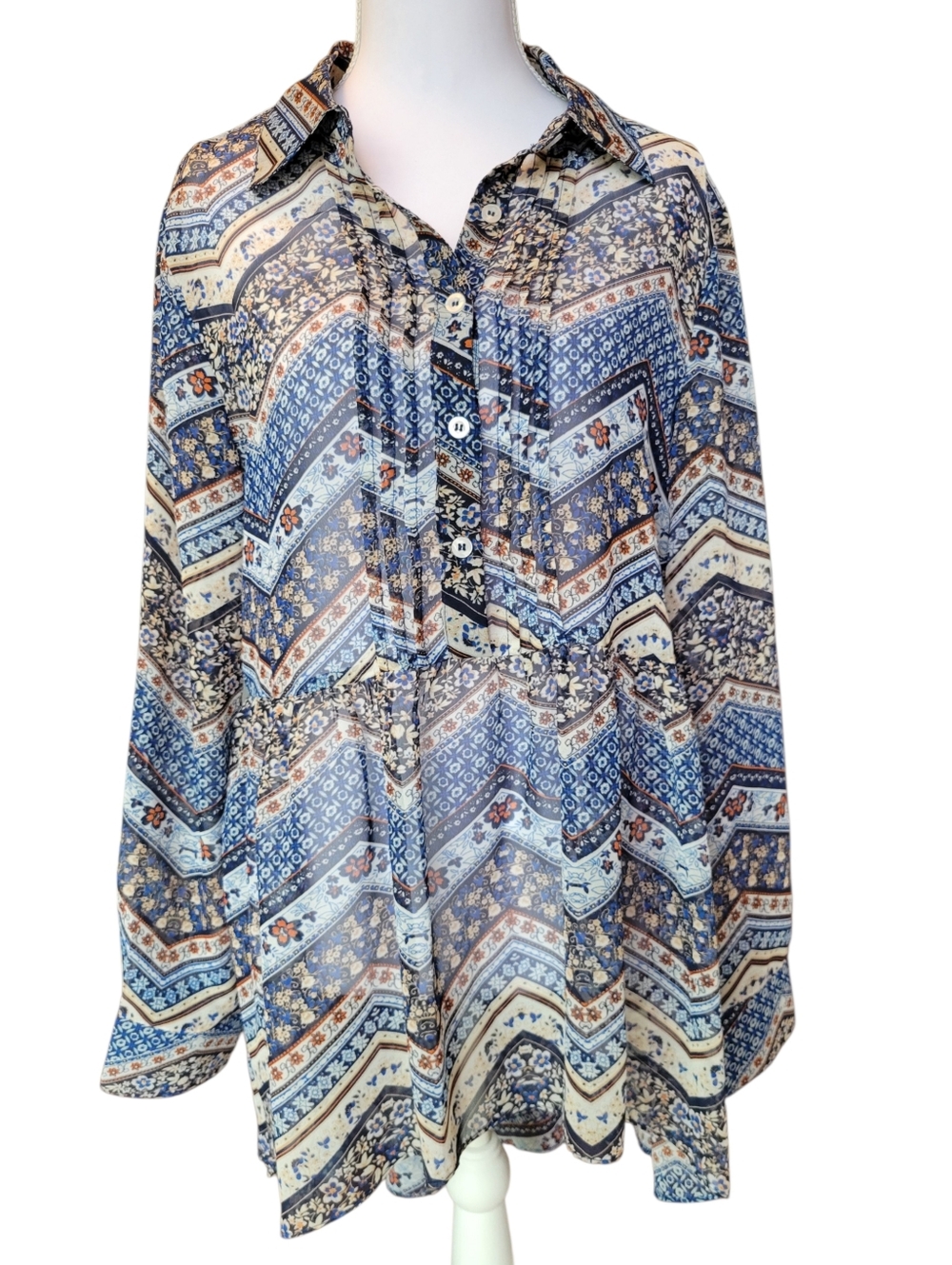 Simply Noelle Blue Mixed Pattern Sheer Long Sleeve Flowy Blouse Tunic